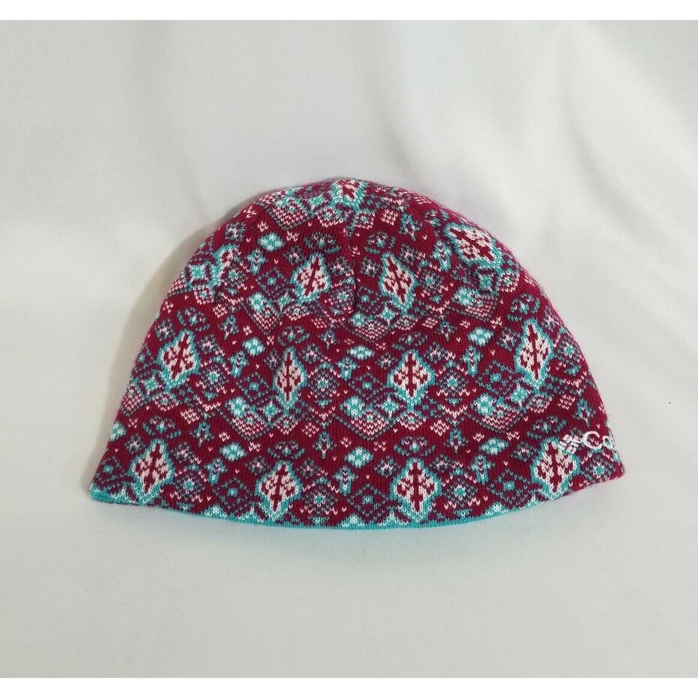 Columbia Sportswear Burgundy Teal Fair Isle/ Solid Reversible Winter Hat Sz S/M